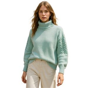 Penmans Bright Blue Knit Cozy Turtleneck Sweater Fall  Cable Knit Sleeves